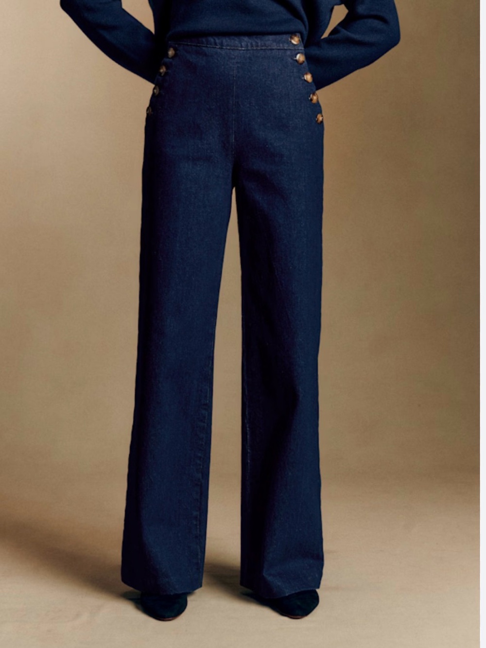 Sezane Marino trouser High-Rise Navy Sailor Pants with Gold Buttons size 38
